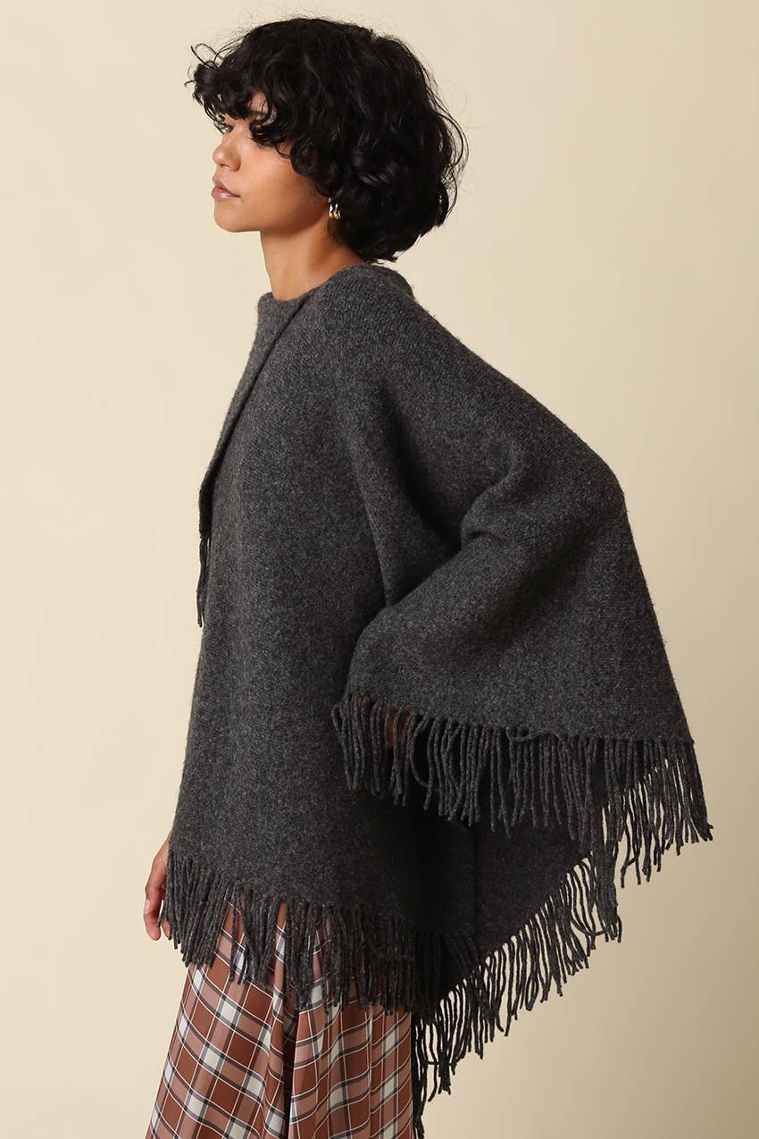 Mabel Fringe Knit Poncho- Charcoal