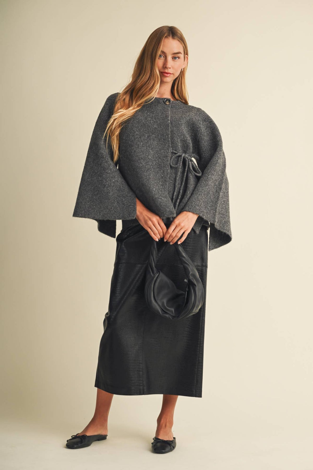 Kate Felted Knit Wide-Sleeve Wrap Blouse- Charcoal
