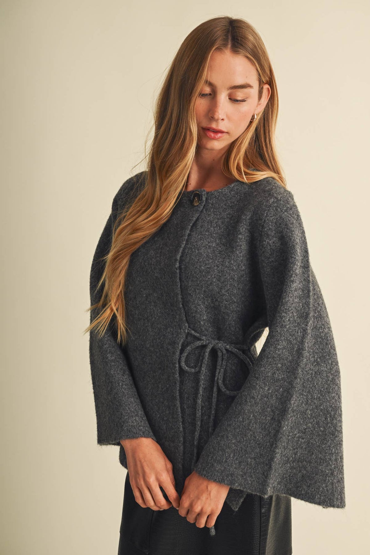 Kate Felted Knit Wide-Sleeve Wrap Blouse- Charcoal
