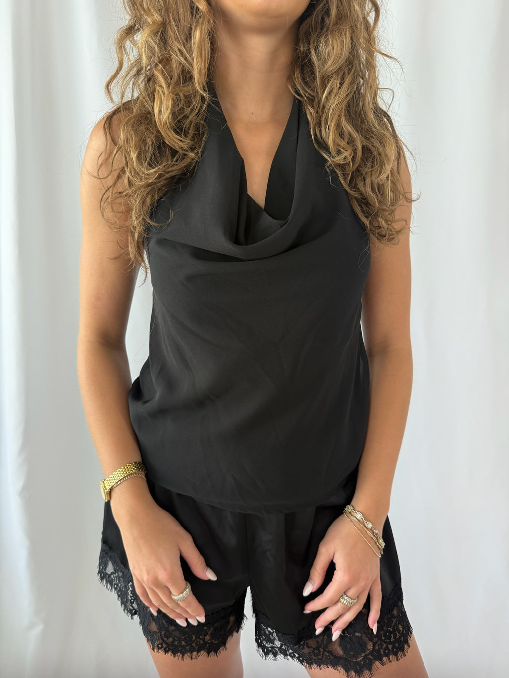 Julia Cowl Neck Top w/ Attached Scarf- Black