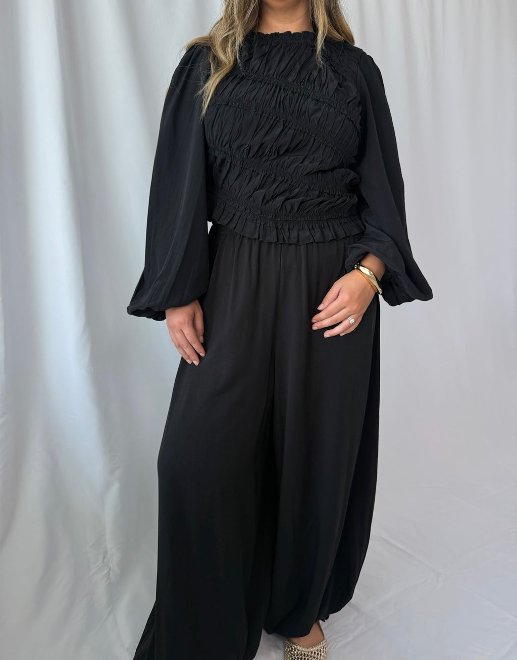 Madison Asymmetrical Ruched Long Sleeve Top- Black
