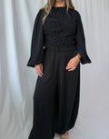 Madison Asymmetrical Ruched Long Sleeve Top- Black