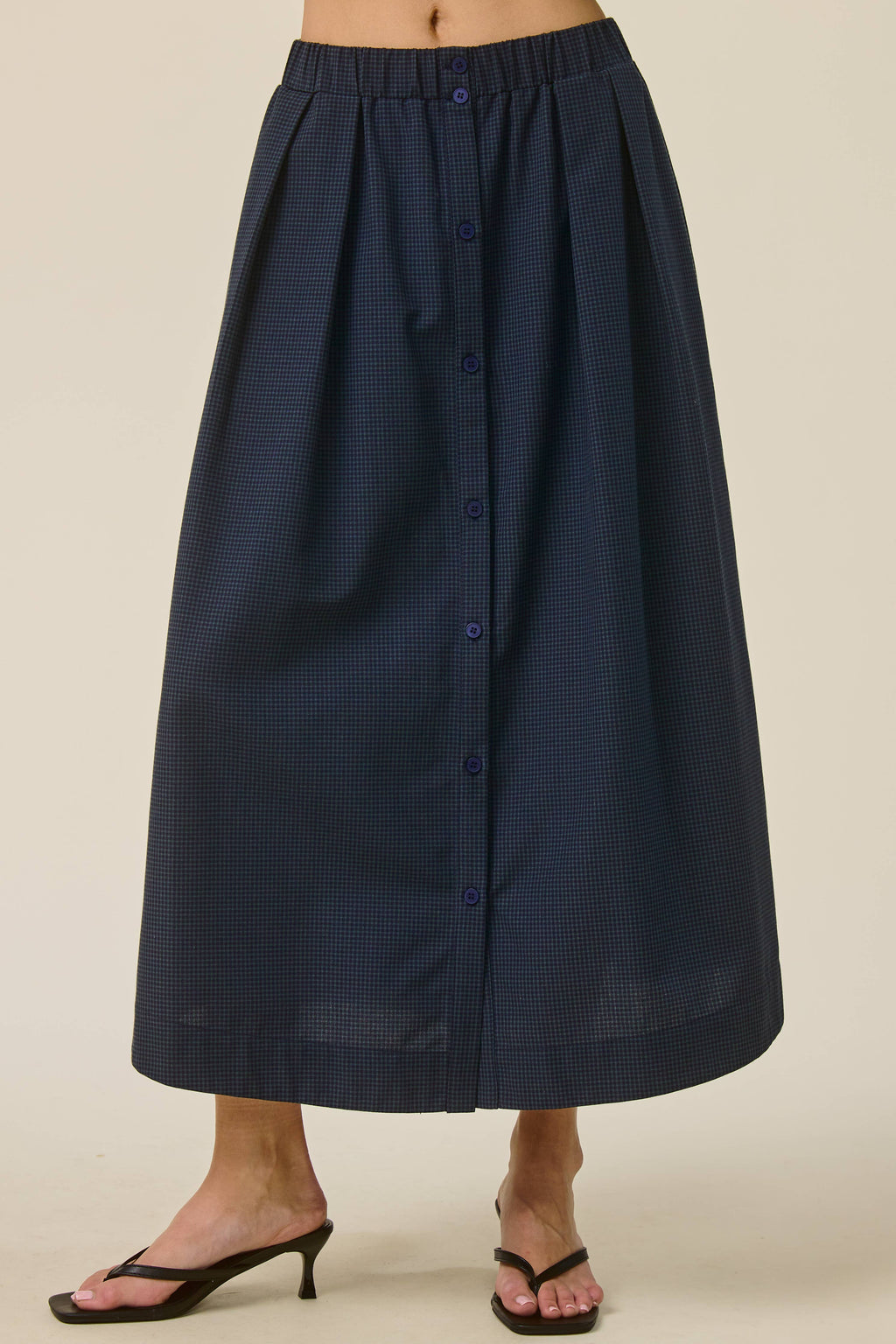 Hailey Mini Check Button Front Midi Skirt- Navy