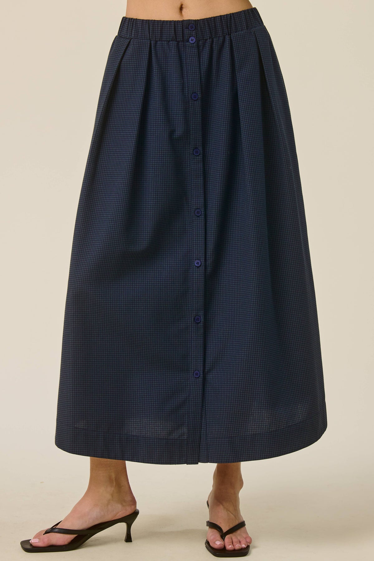Hailey Mini Check Button Front Midi Skirt- Navy