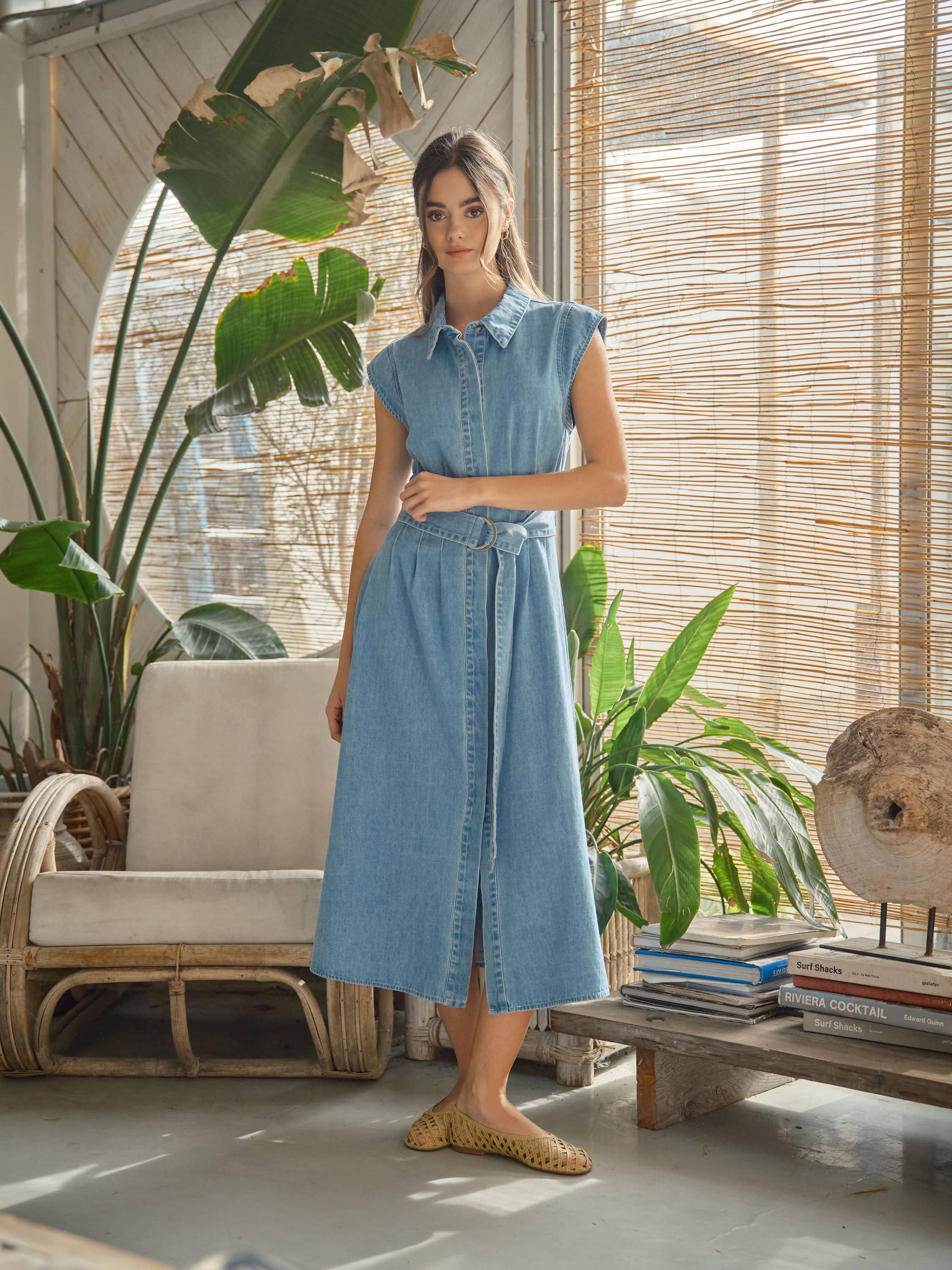 Jenny Cap Sleeve Belted Button Down Midi Dress- Denim