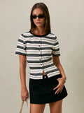 Nora Short Sleeve Button Down Striped Sweater Top