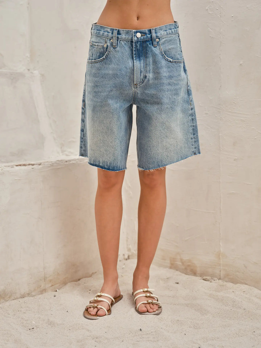 Jada Wide Leg Retro Bermuda Denim Shorts- Denim