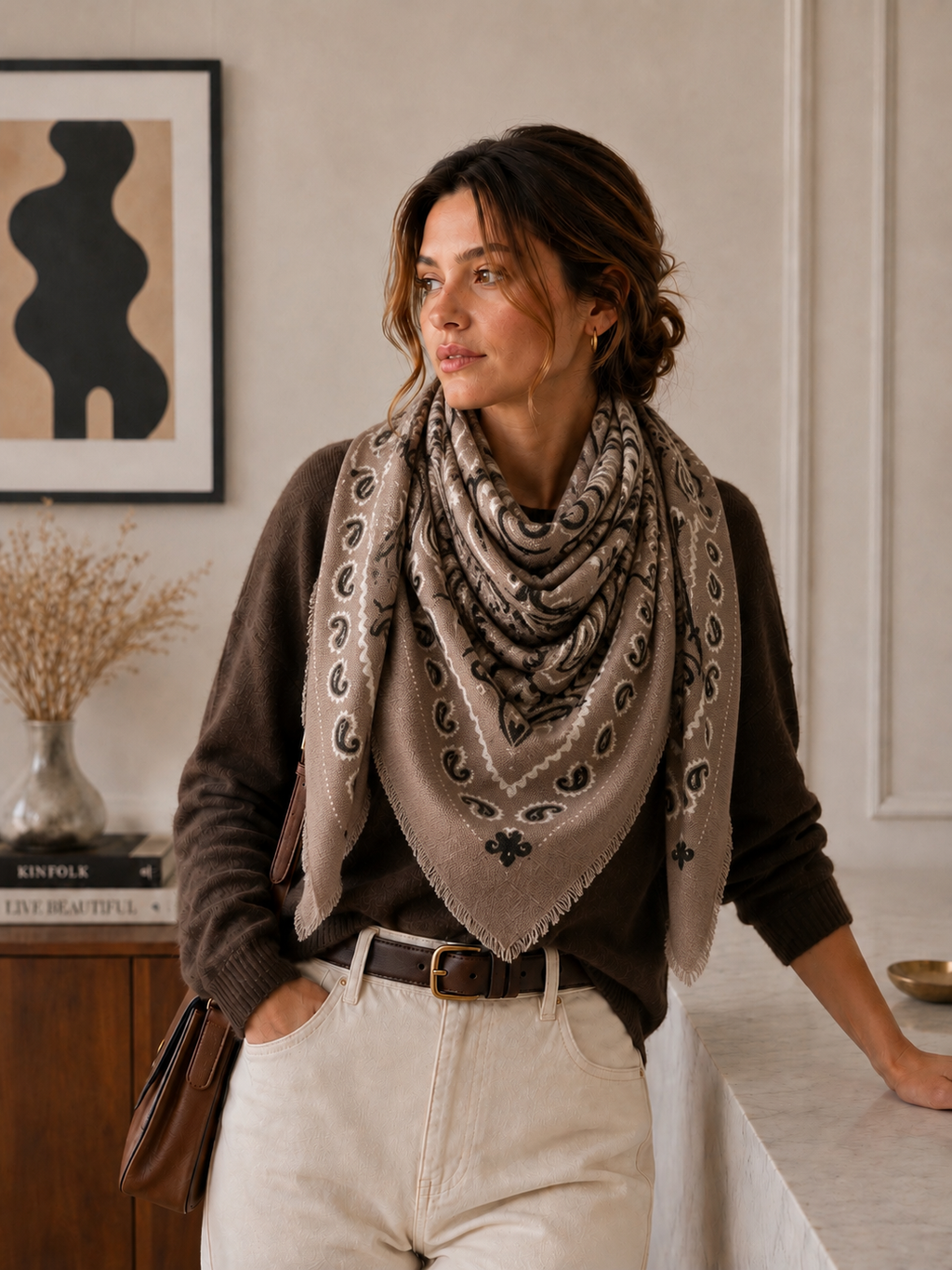Large Woolen Square Bandana- Light taupe