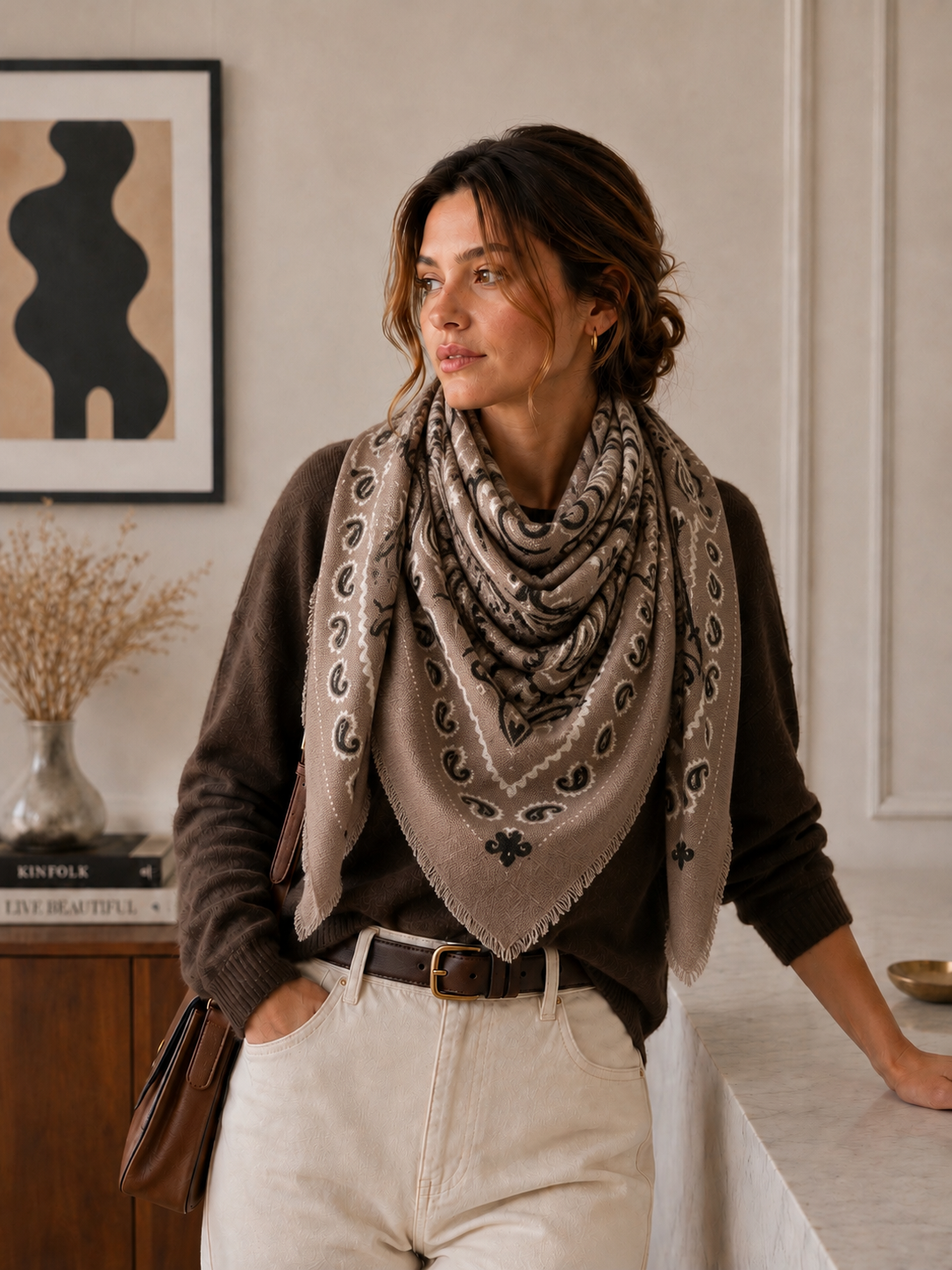 Large Woolen Square Bandana- Light taupe