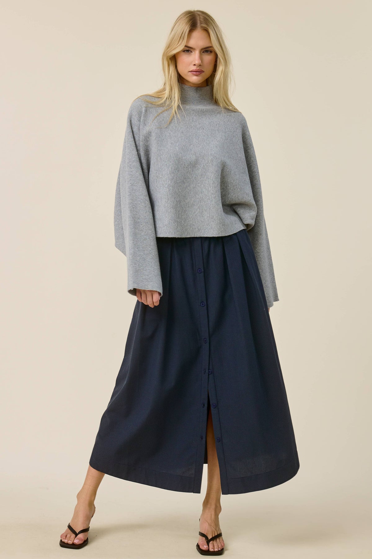 Hailey Mini Check Button Front Midi Skirt- Navy