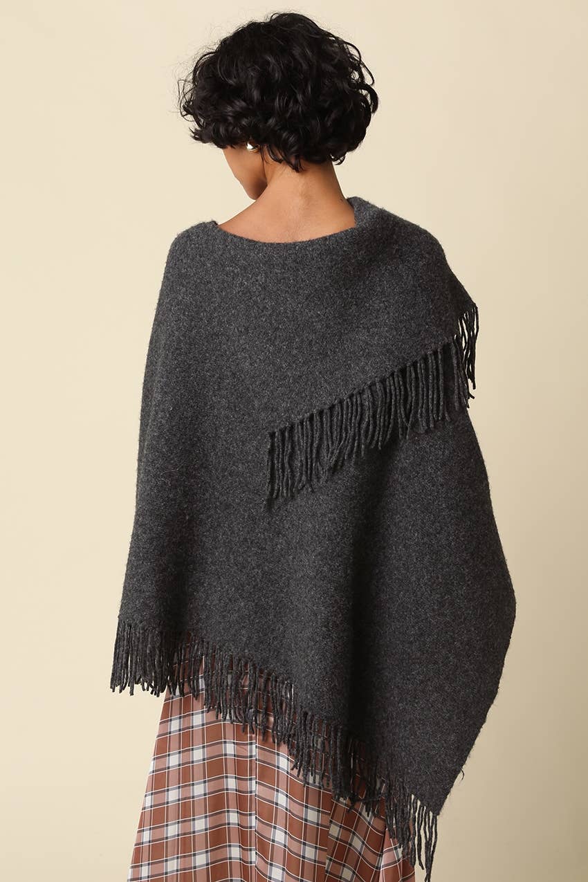 Mabel Fringe Knit Poncho- Charcoal