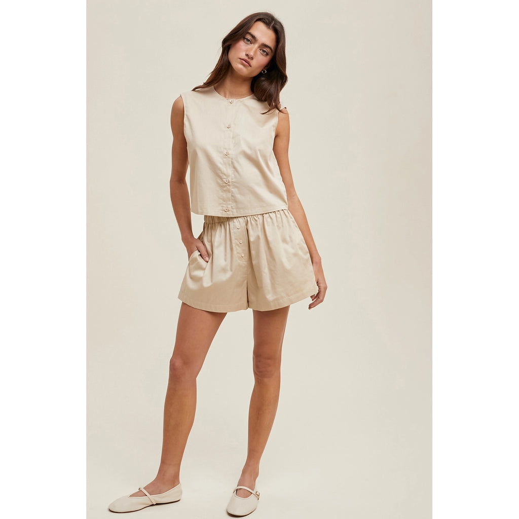 Kathleen Cotton Button-Up Tank Top and Shorts Set- Taupe
