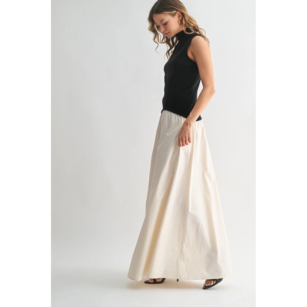 Sienna Mixed Media Mock Neck Maxi Dress- Black/Natural