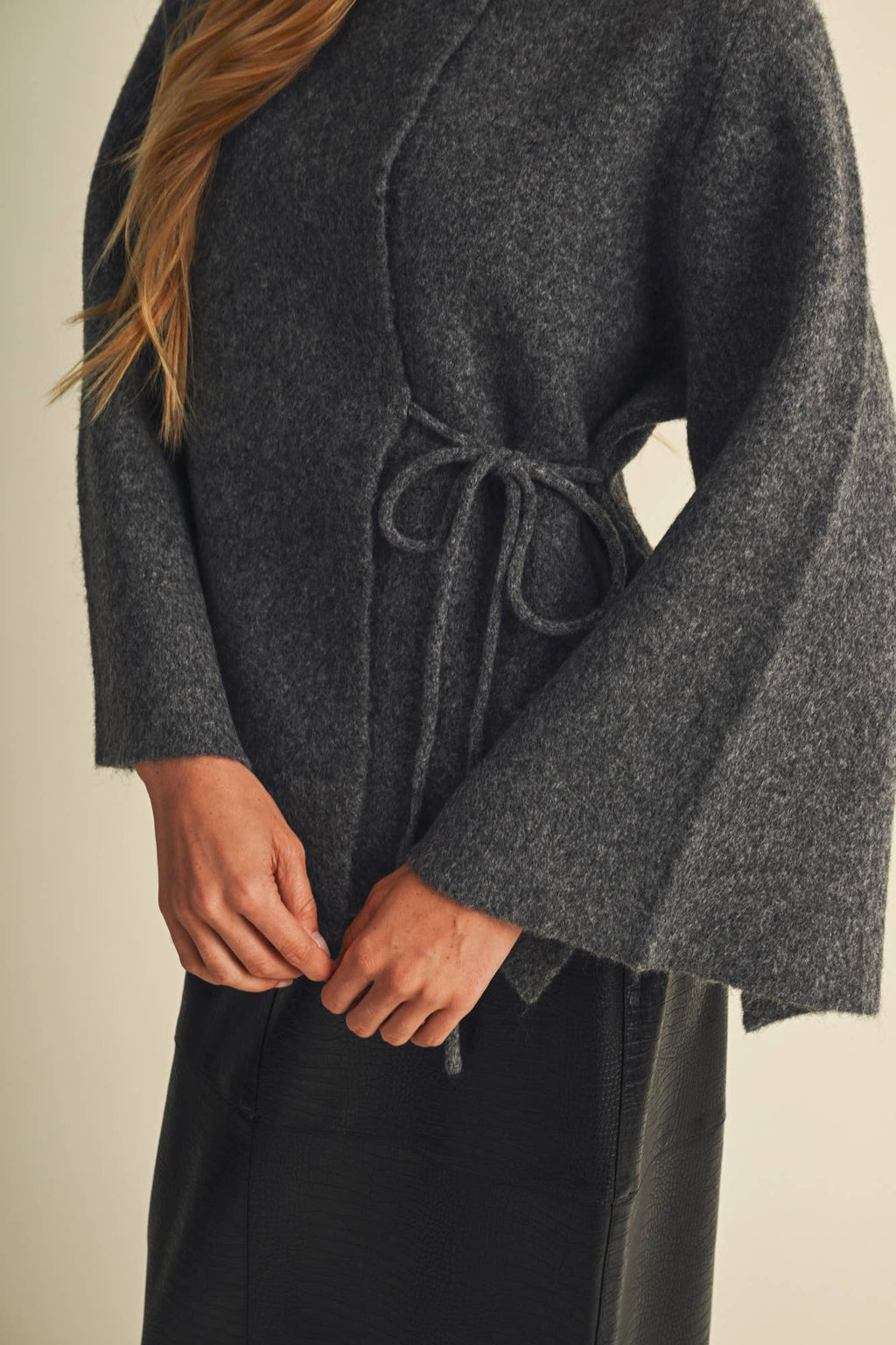 Kate Felted Knit Wide-Sleeve Wrap Blouse- Charcoal
