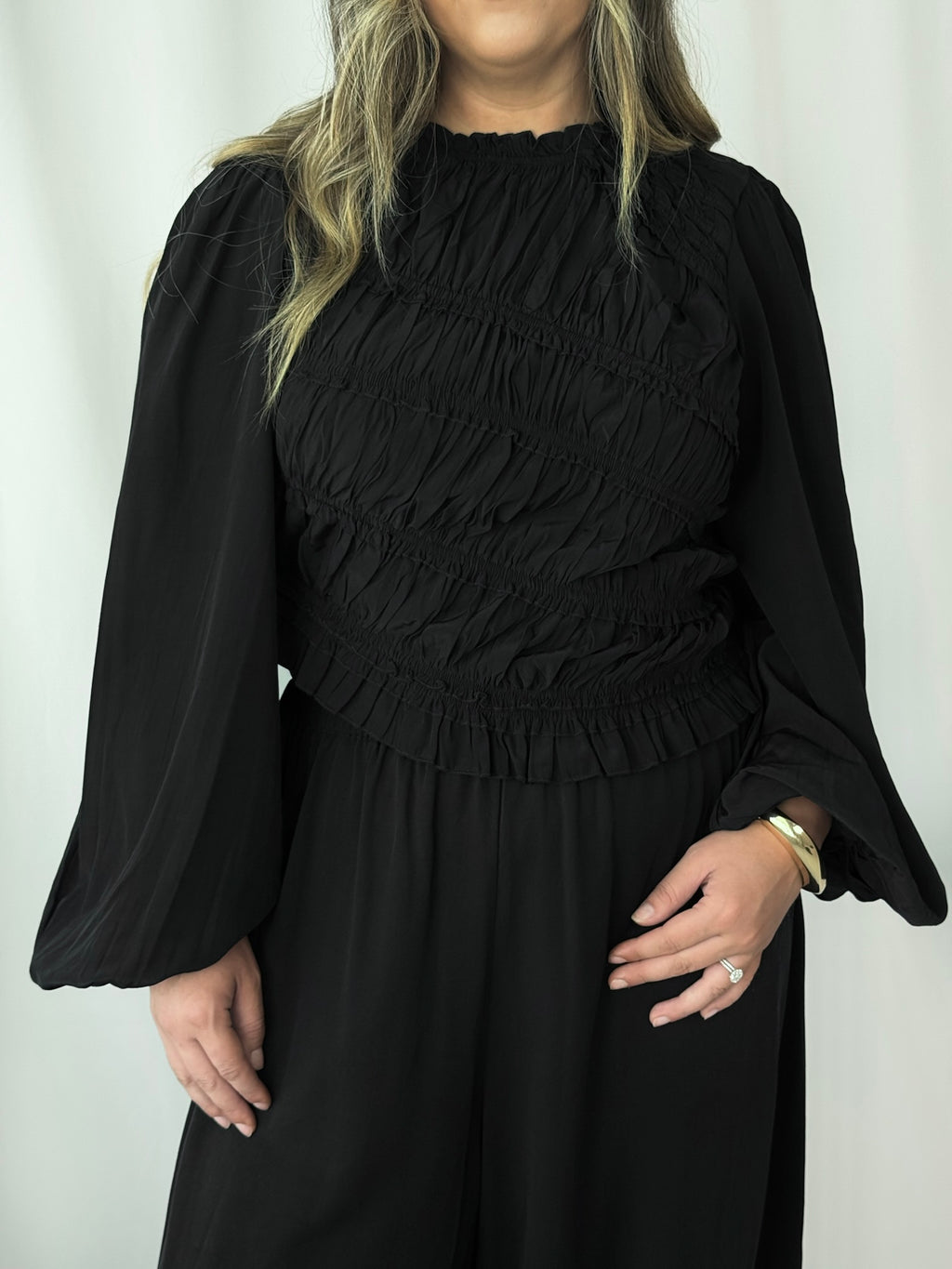 Madison Asymmetrical Ruched Long Sleeve Top- Black