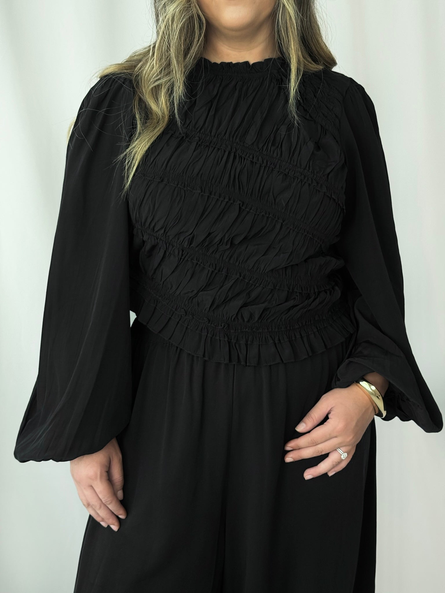 Madison Asymmetrical Ruched Long Sleeve Top- Black