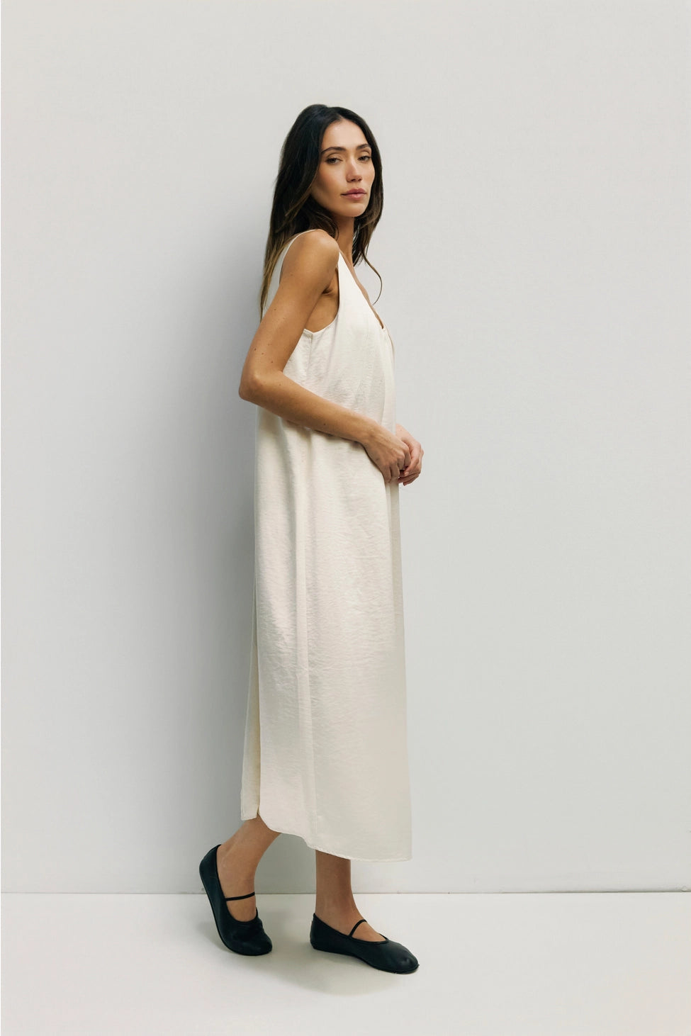 Serenity Satin Babydoll Midi Dress- Cream