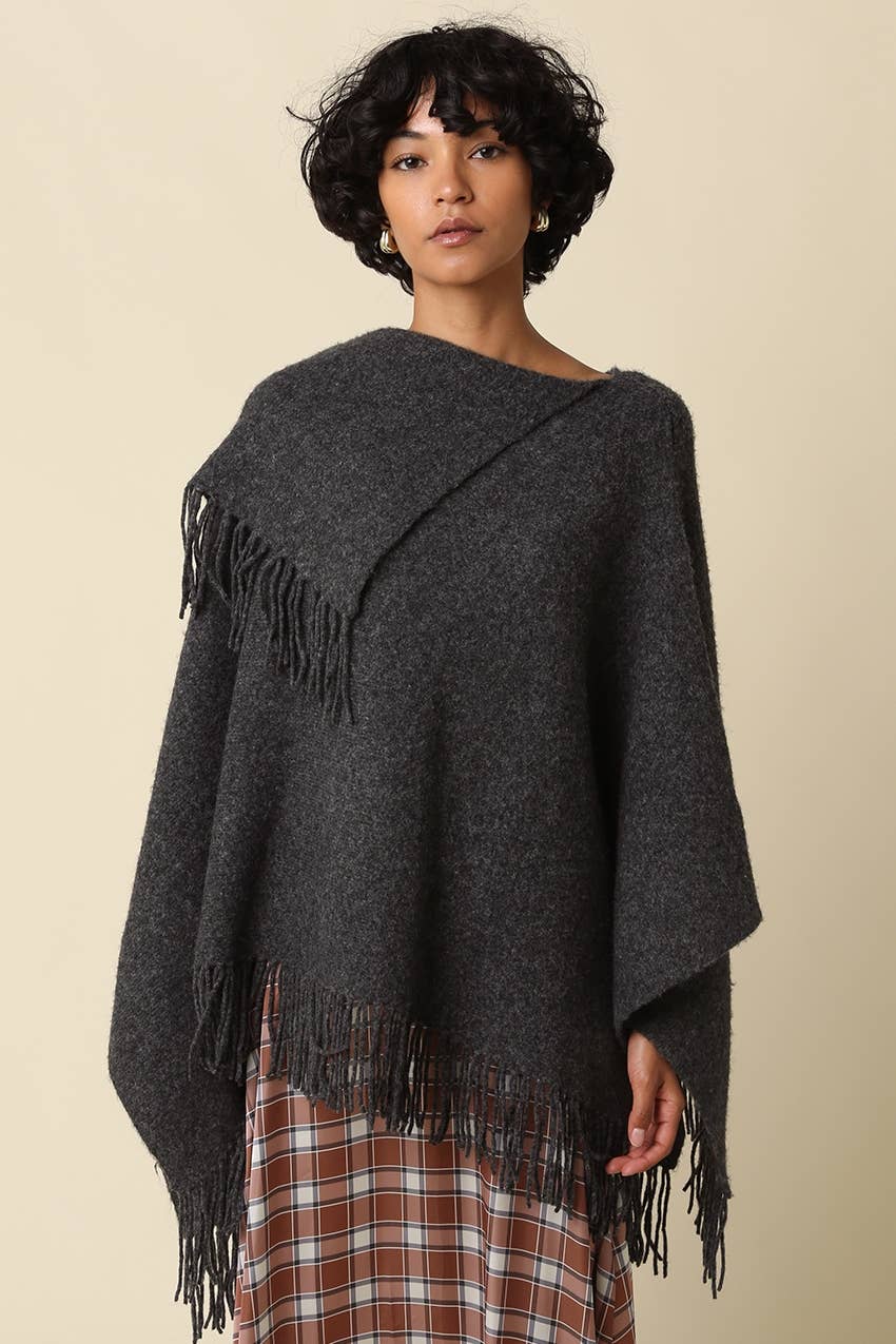 Mabel Fringe Knit Poncho- Charcoal