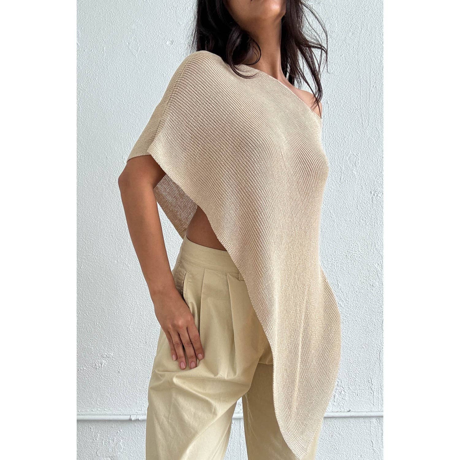 Anna Asymmetric Off Shoulder Poncho Top- Taupe