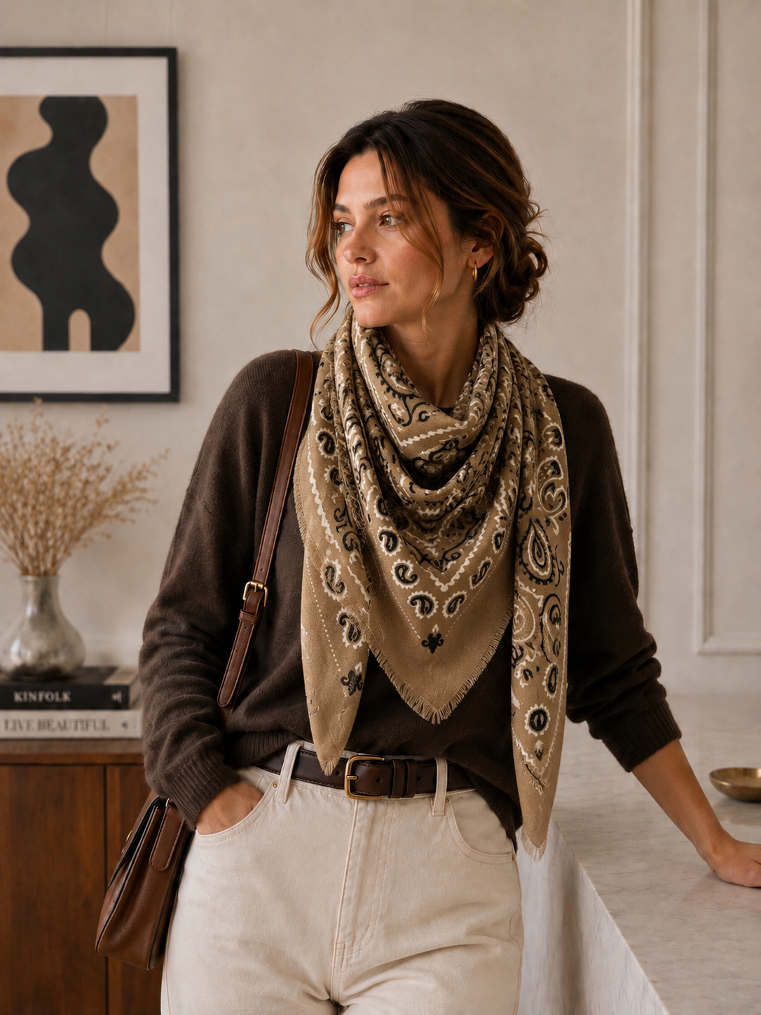 Large Woolen Square Bandana- Caramel
