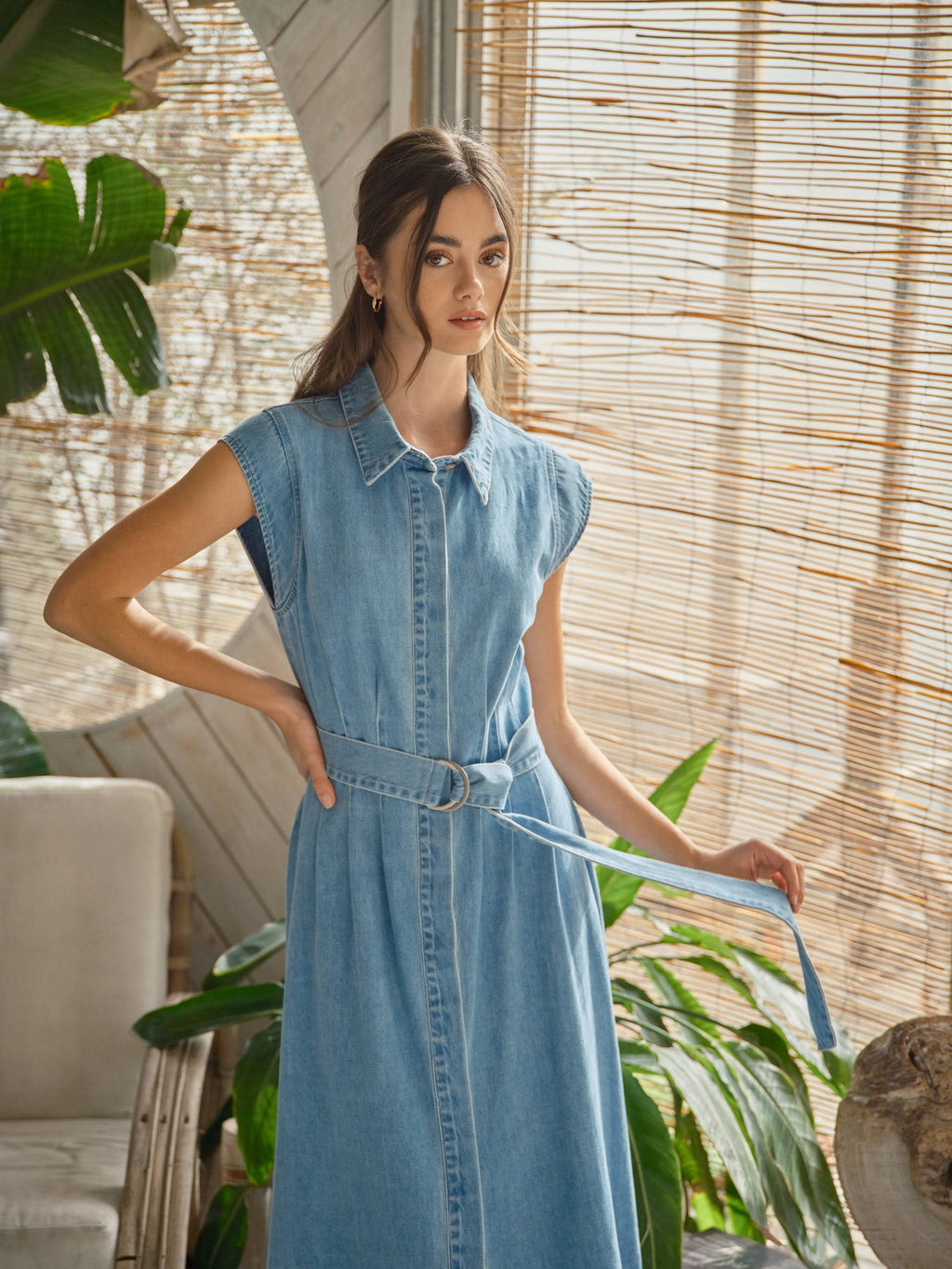 Jenny Cap Sleeve Belted Button Down Midi Dress- Denim