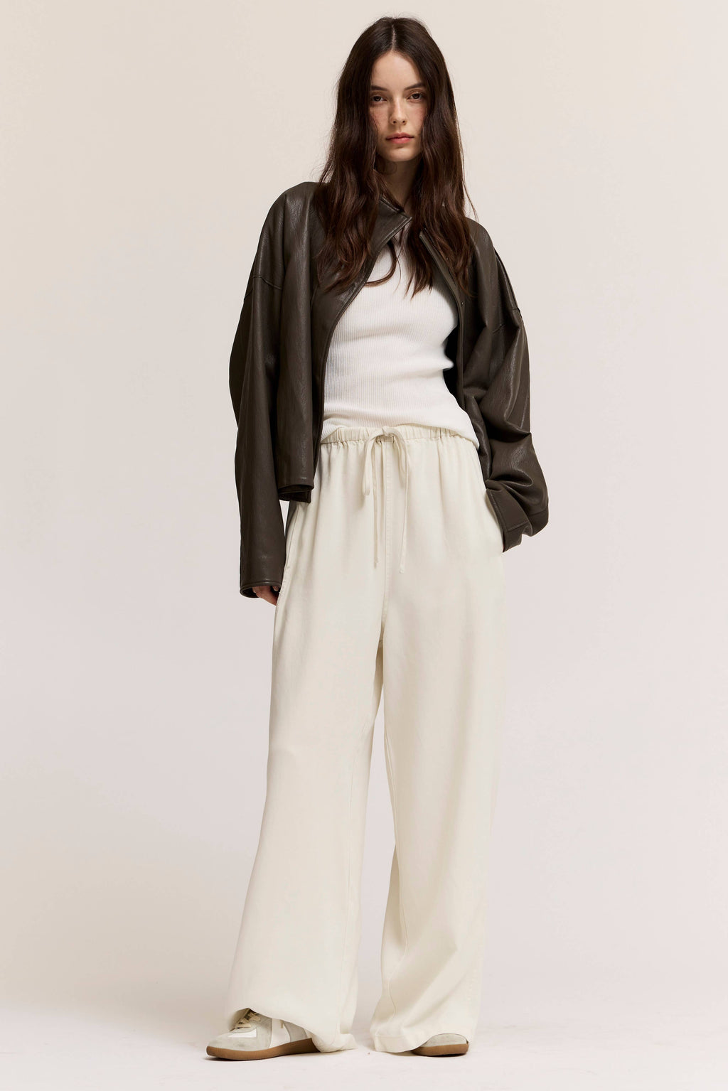 Kora Funnel Neck Vegan Leather Jacket- Ash Olive