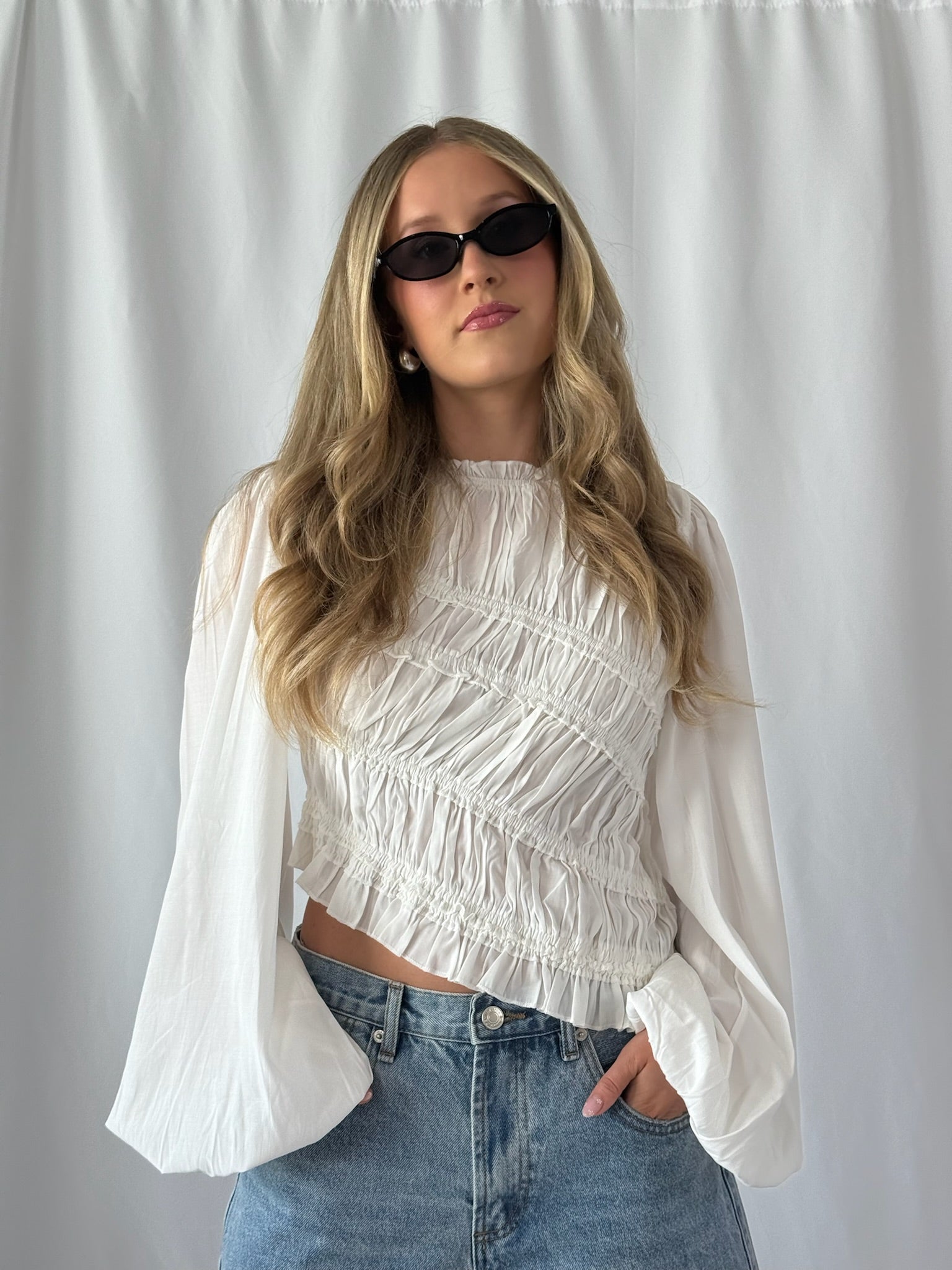 Madison Asymmetrical Ruched Long Sleeve Top- Off White