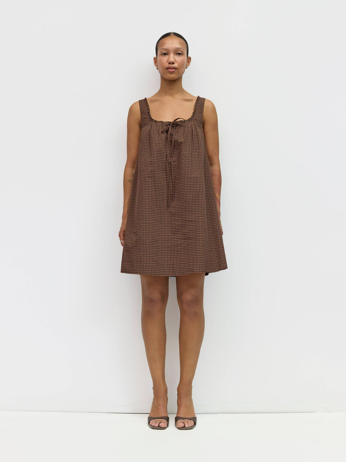 Gabby Plaid Babydoll Mini Dress- Brown/Navy/Red