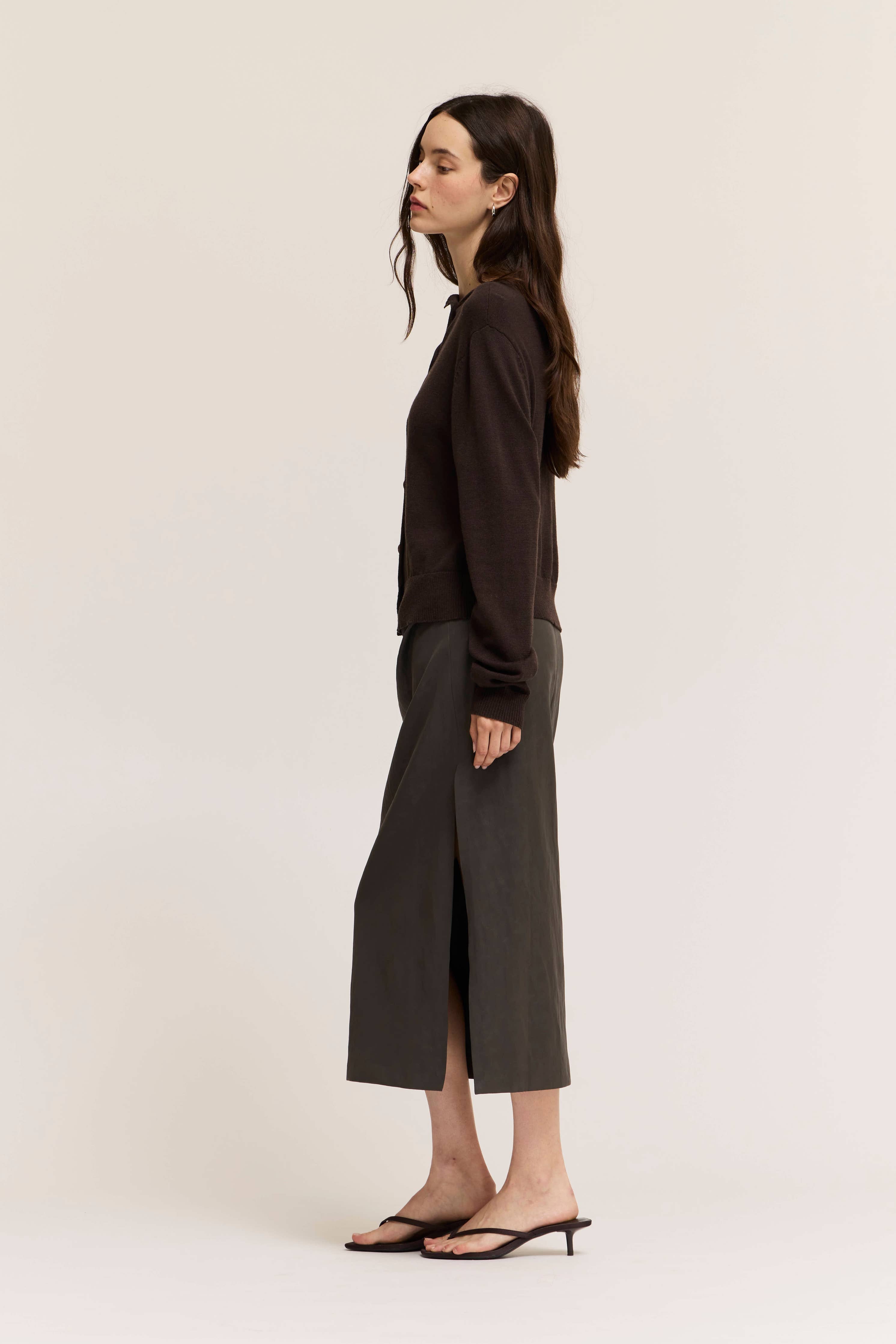 Ella Irregular Button Up Cardigan- Dark Chocolate