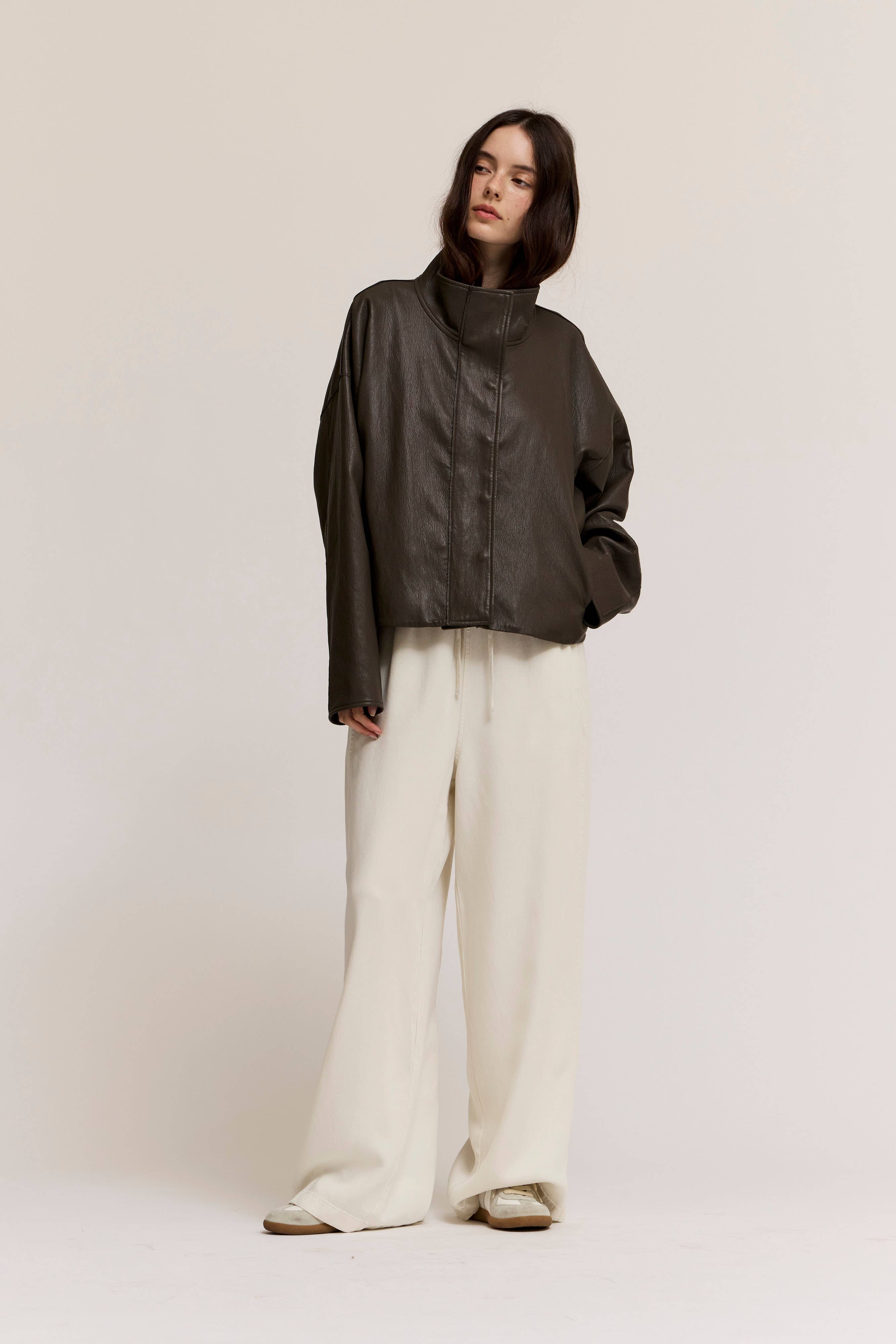 Kora Funnel Neck Vegan Leather Jacket- Ash Olive