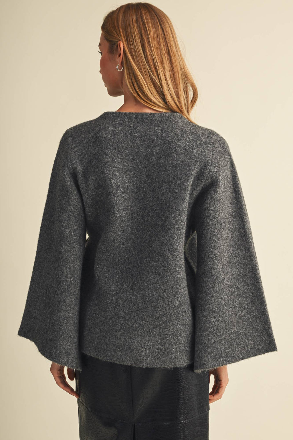 Kate Felted Knit Wide-Sleeve Wrap Blouse- Charcoal