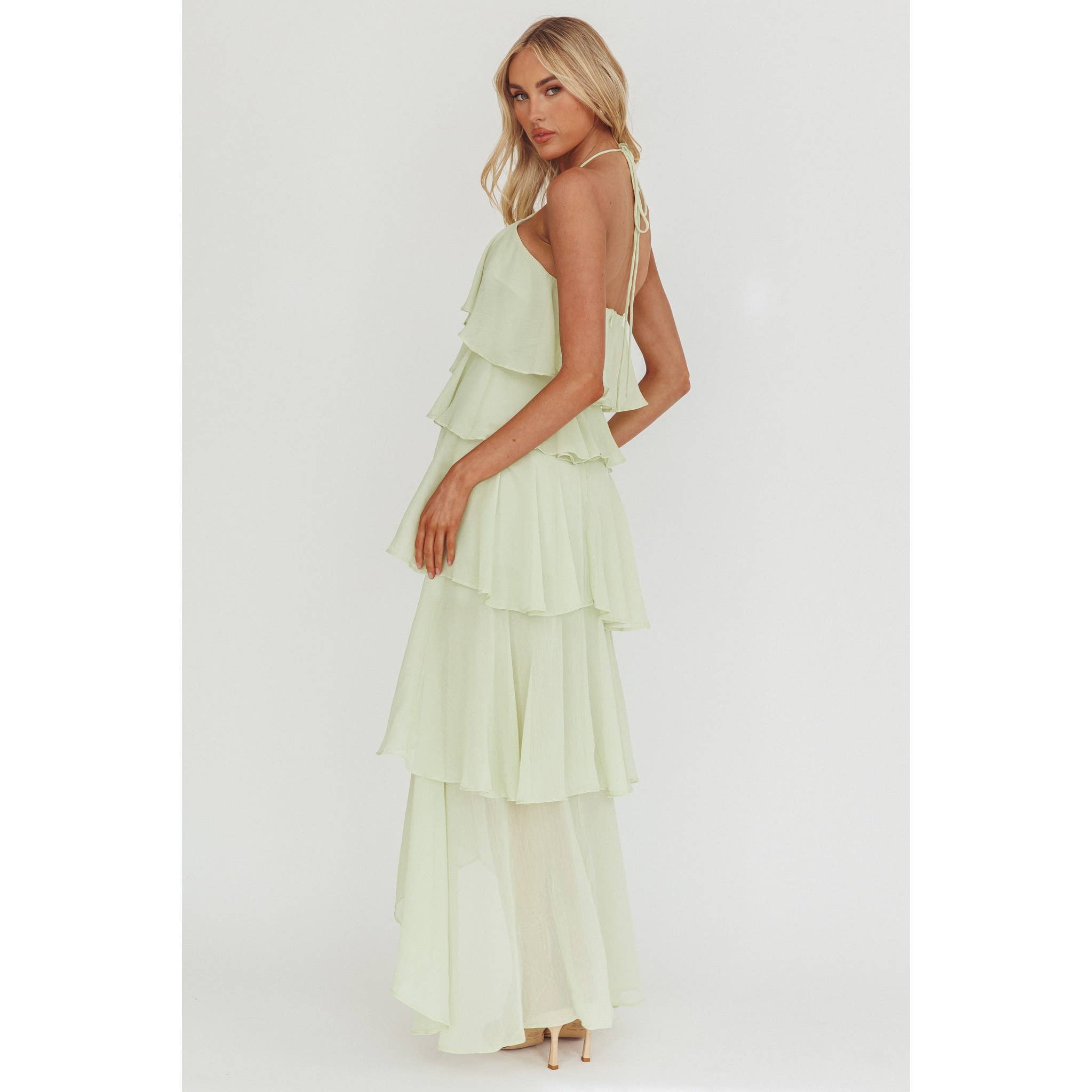 Kaylee Halter Neck Ruffled Maxi Dress- Sage