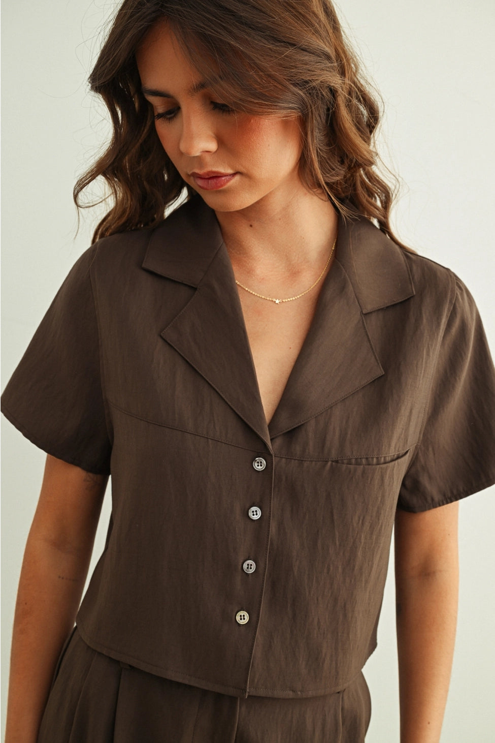 Stormi Soft Rayon Button Blouse- Brown