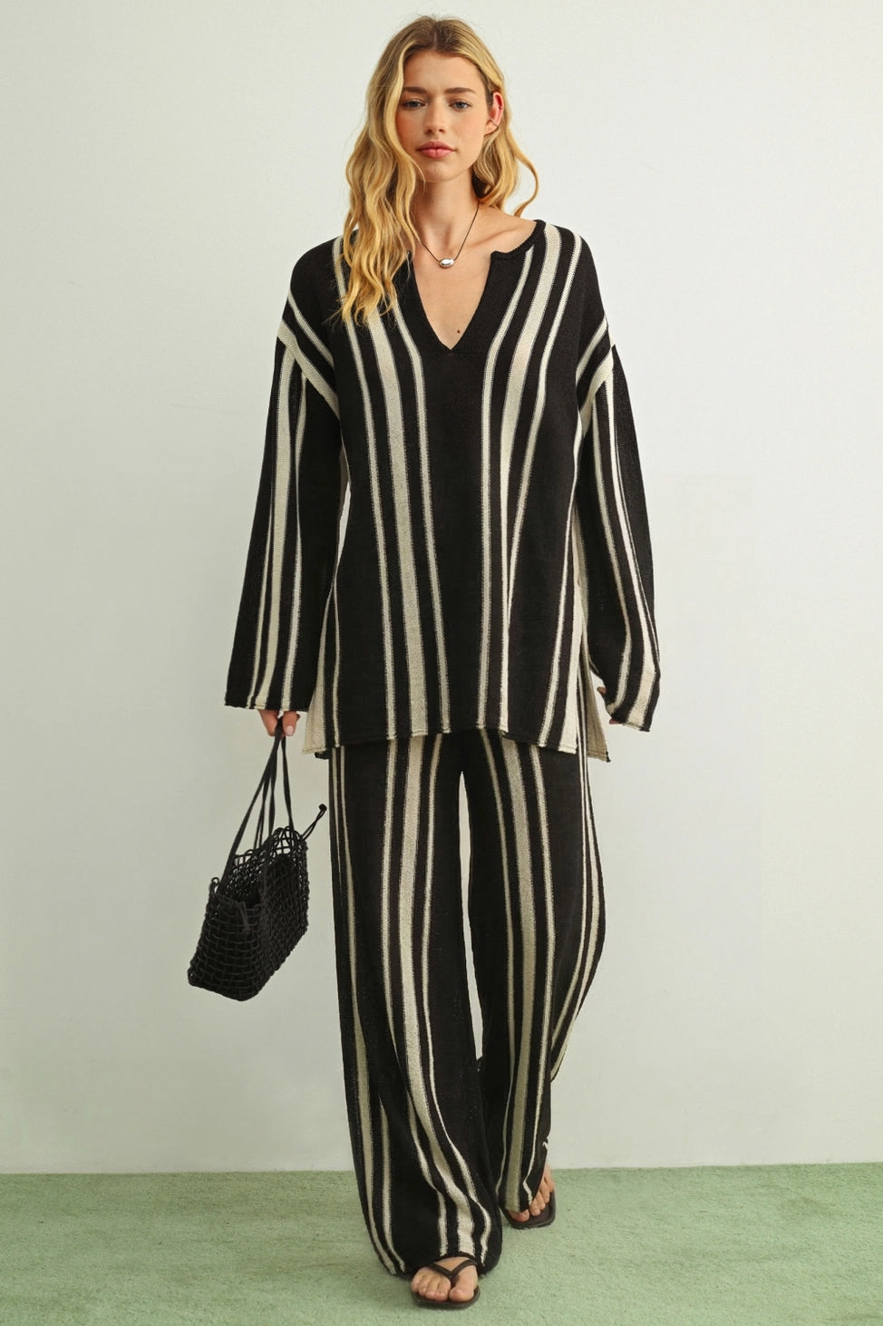Amanda Striped Long Sleeve Tunic Top & Pants Set- Black/Stone