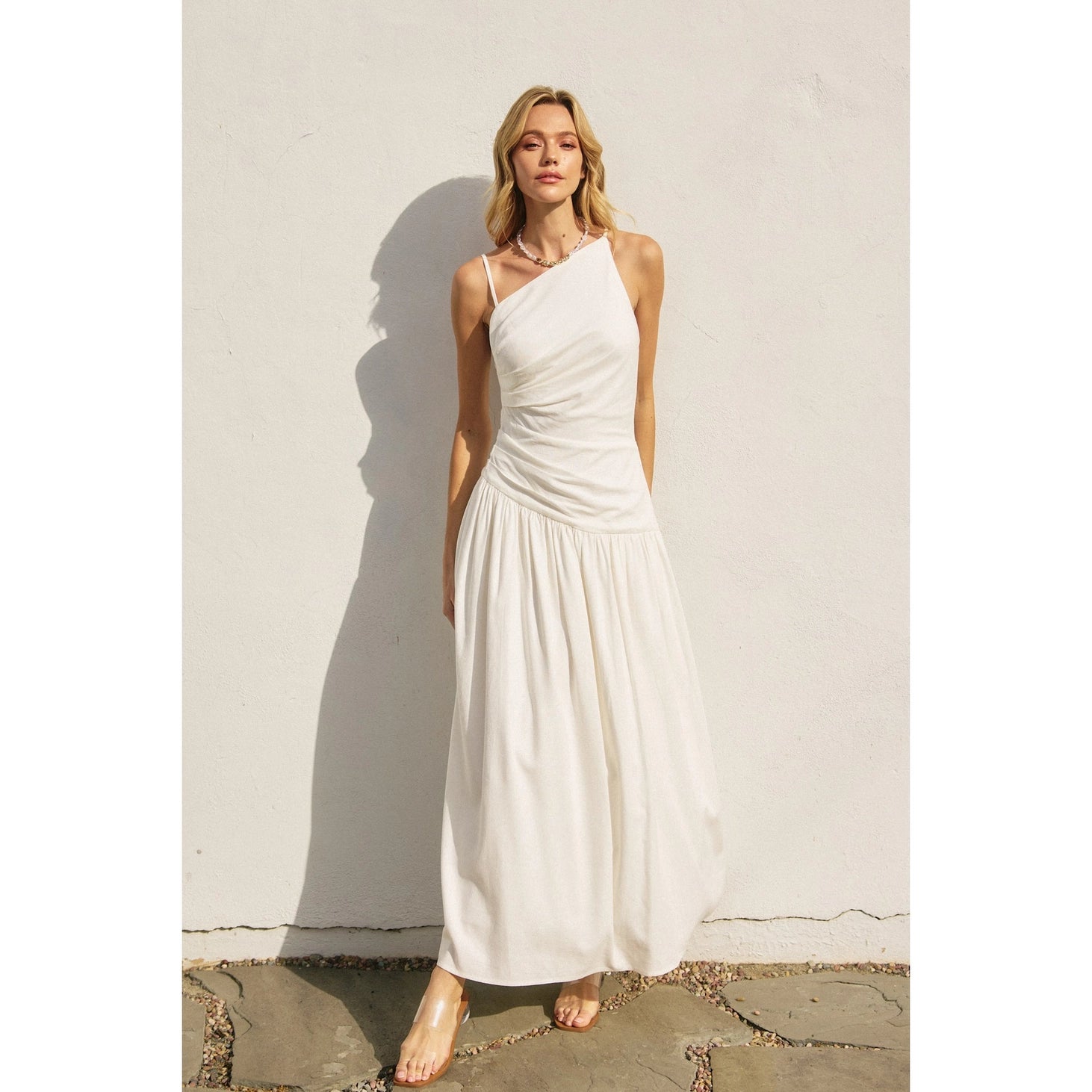 Sloan Linen Asymmetric Drop Waist Ruched Maxi Dress- Ivory