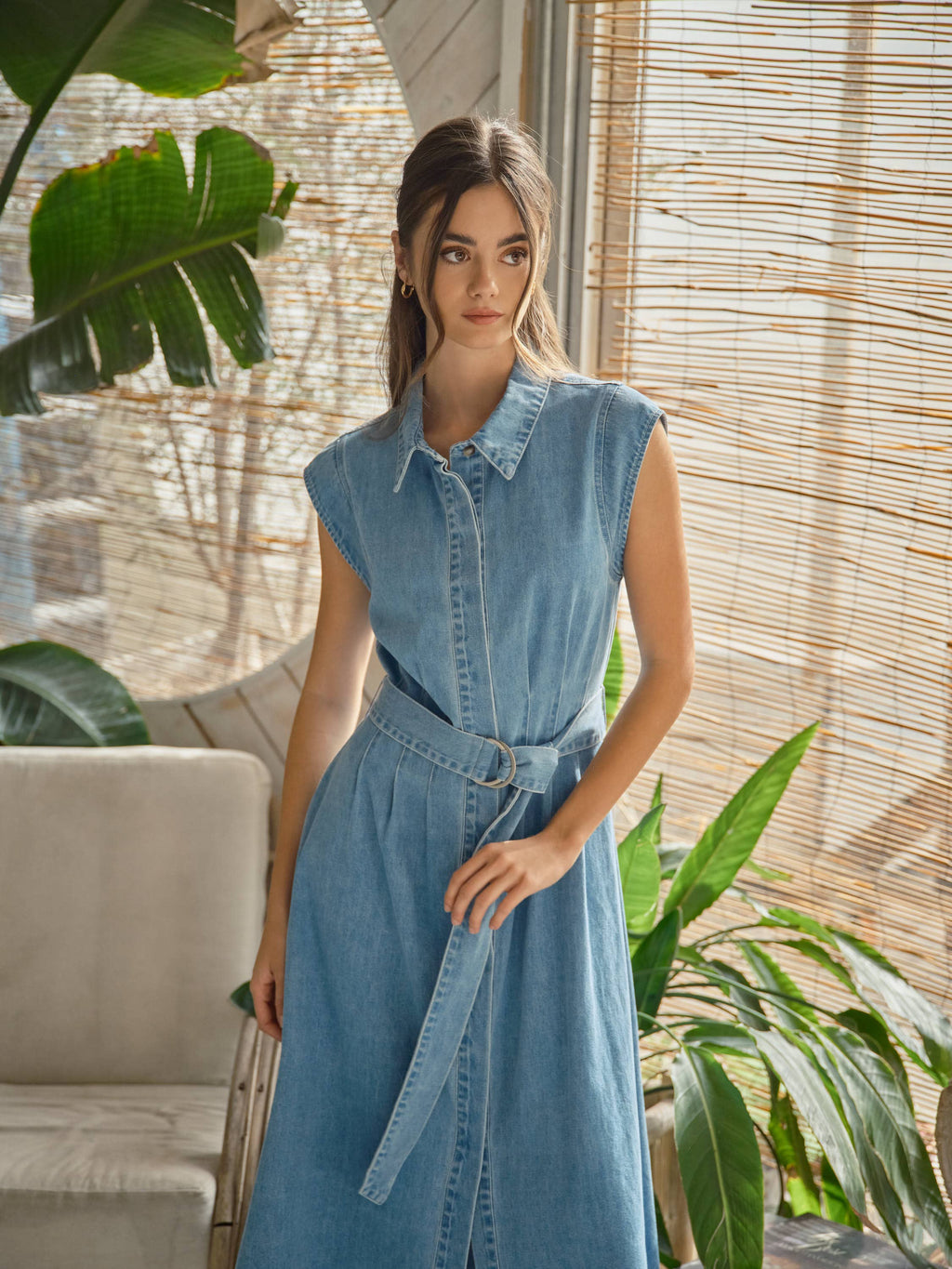 Jenny Cap Sleeve Belted Button Down Midi Dress- Denim