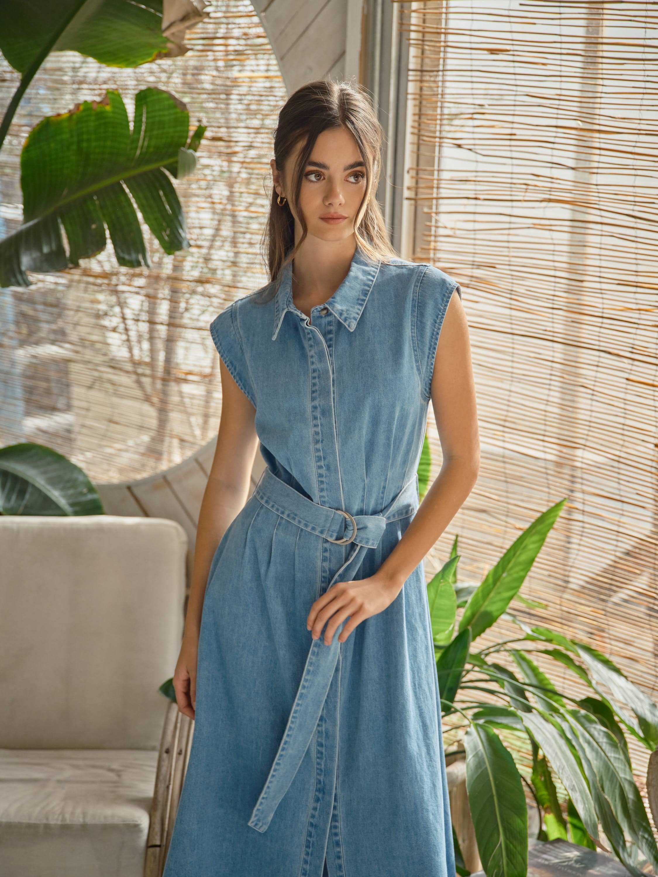 Jenny Cap Sleeve Belted Button Down Midi Dress- Denim