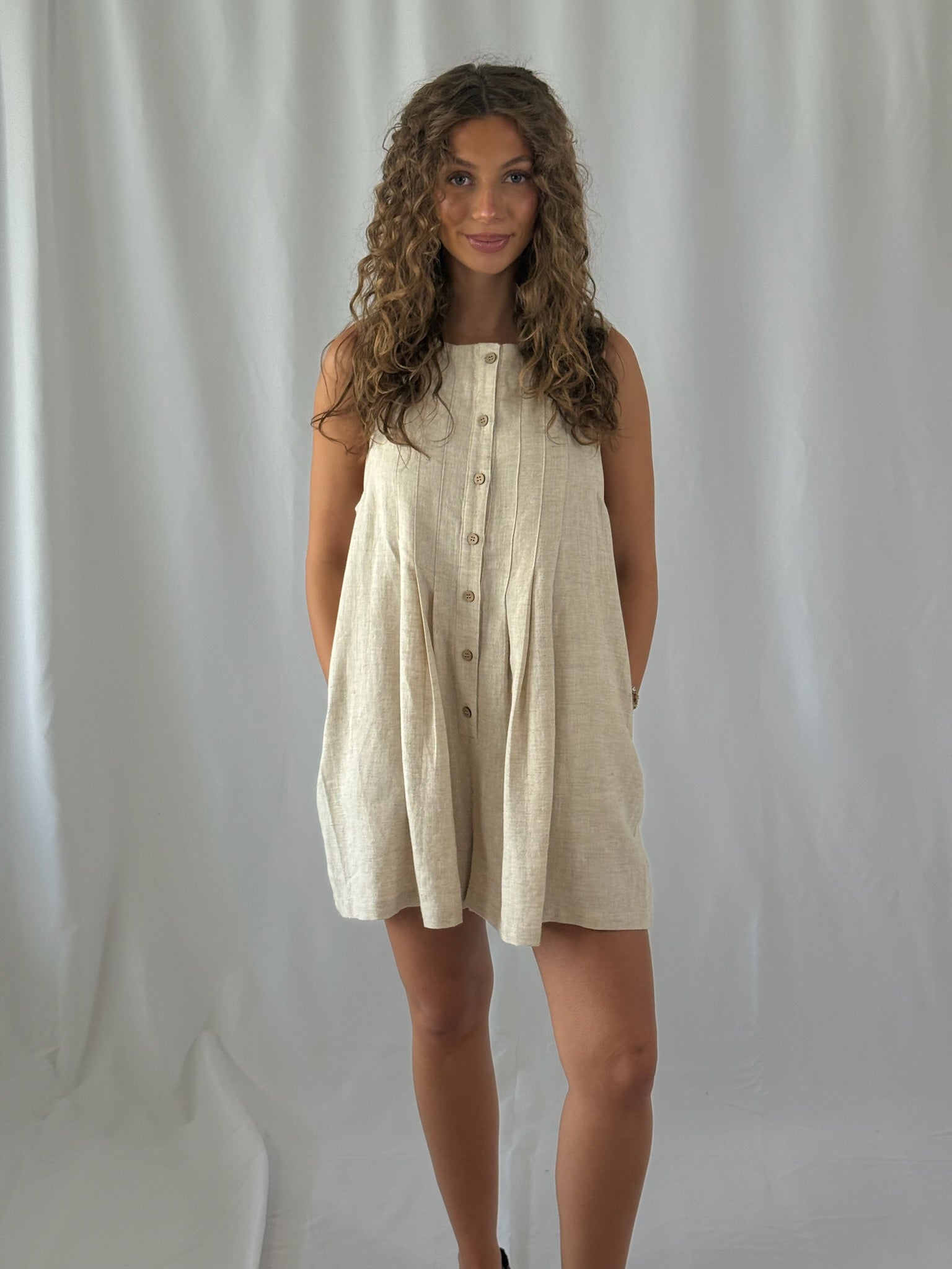 Giselle Pleated Front w/ Button Closure Romper- Oatmeal