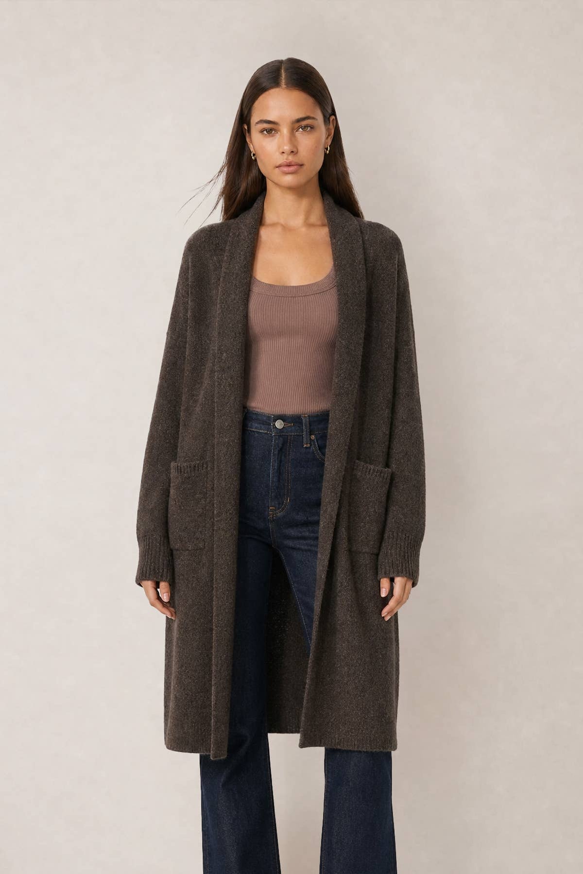 Rylee Open Front Collar Longline Cardigan- Brown