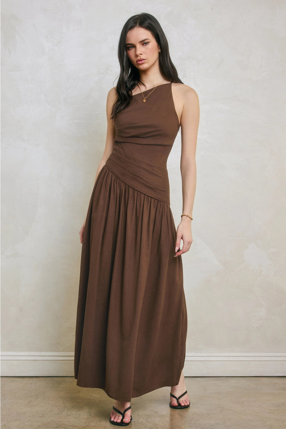 Sloan Linen Asymmetric Drop Waist Ruched Maxi Dress- Brown