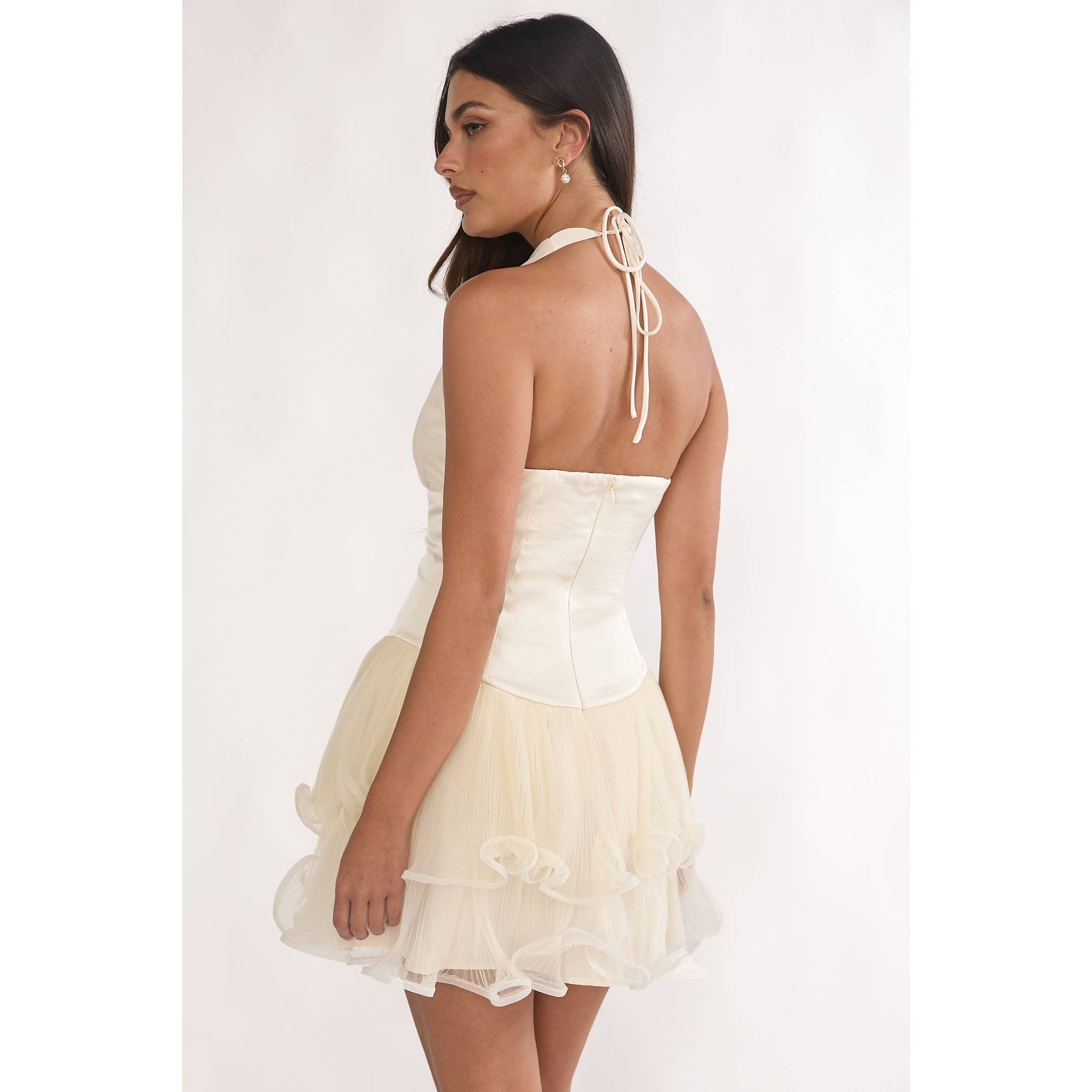 Natalie Halter Tulle Mini Dress- Oyster