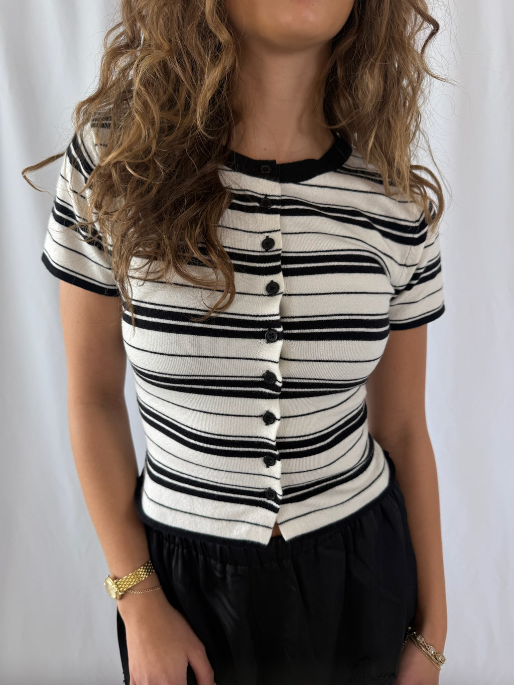 Nora Short Sleeve Button Down Striped Sweater Top