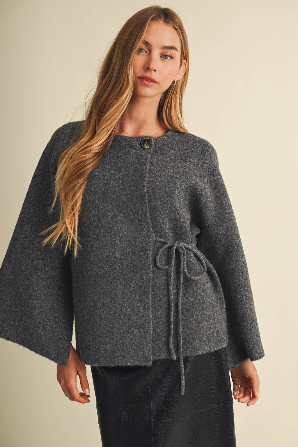 Kate Felted Knit Wide-Sleeve Wrap Blouse- Charcoal