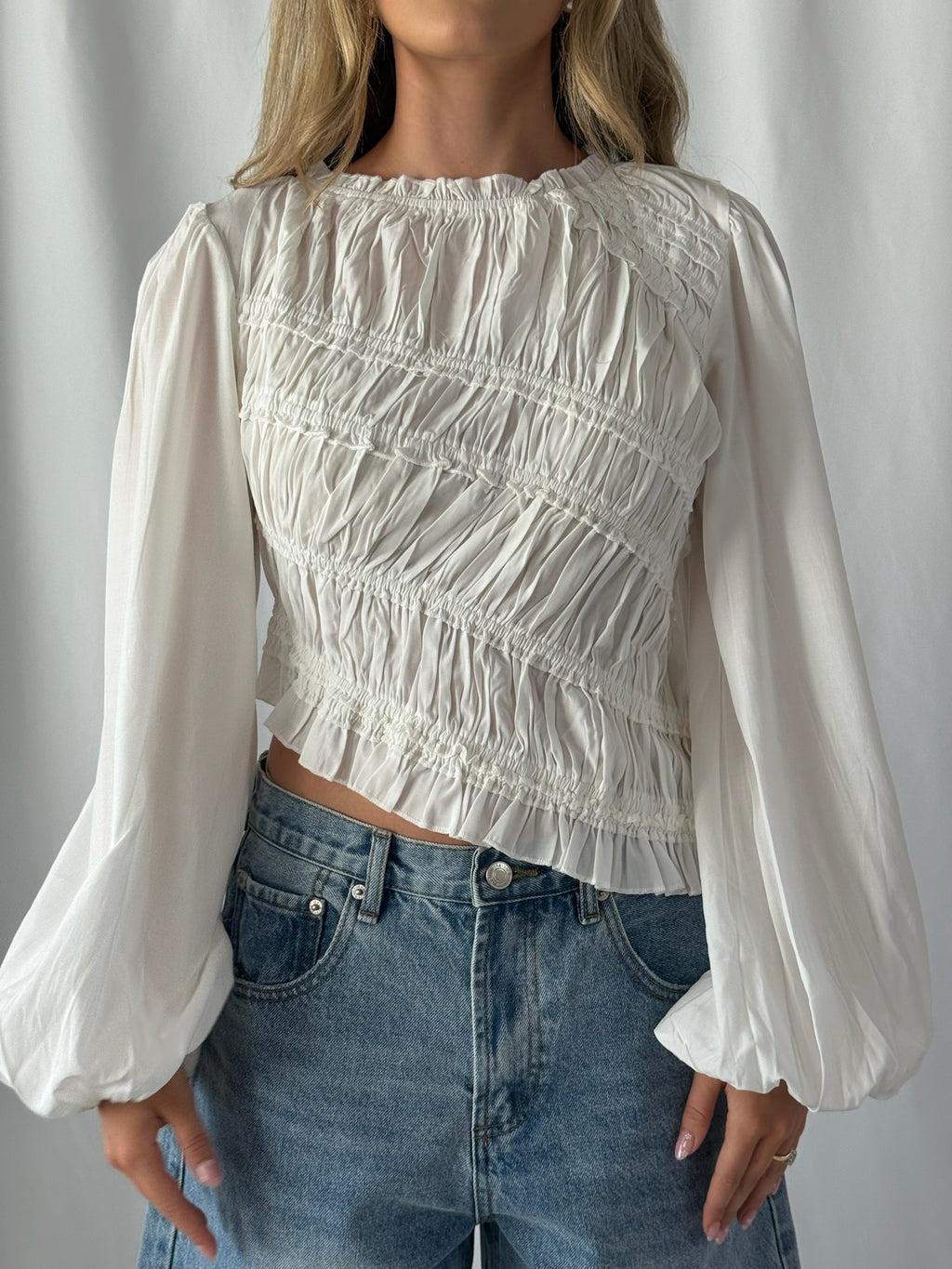 Madison Asymmetrical Ruched Long Sleeve Top- Off White
