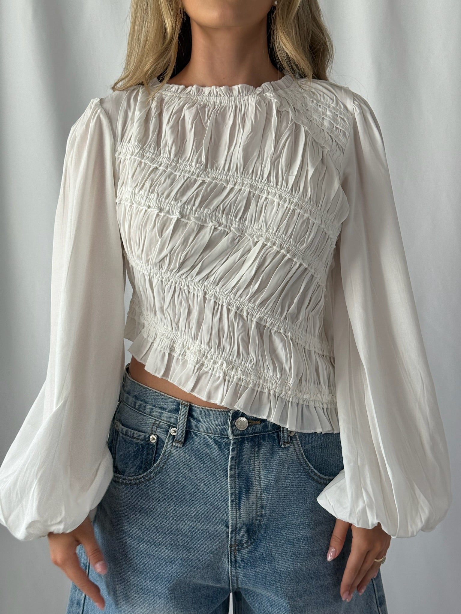 Madison Asymmetrical Ruched Long Sleeve Top- Off White