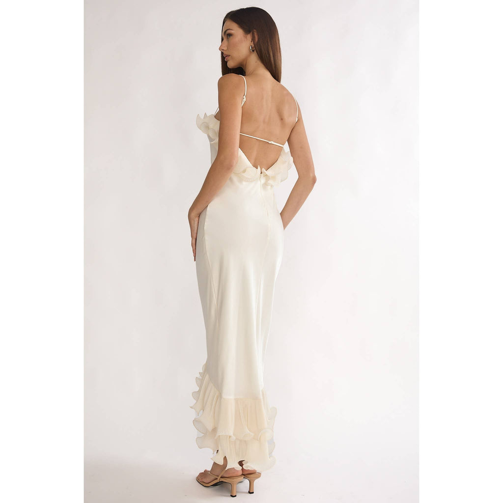 Sydney Asymmetrical Off Shoulder Ruffle Midi Dress- Oyster