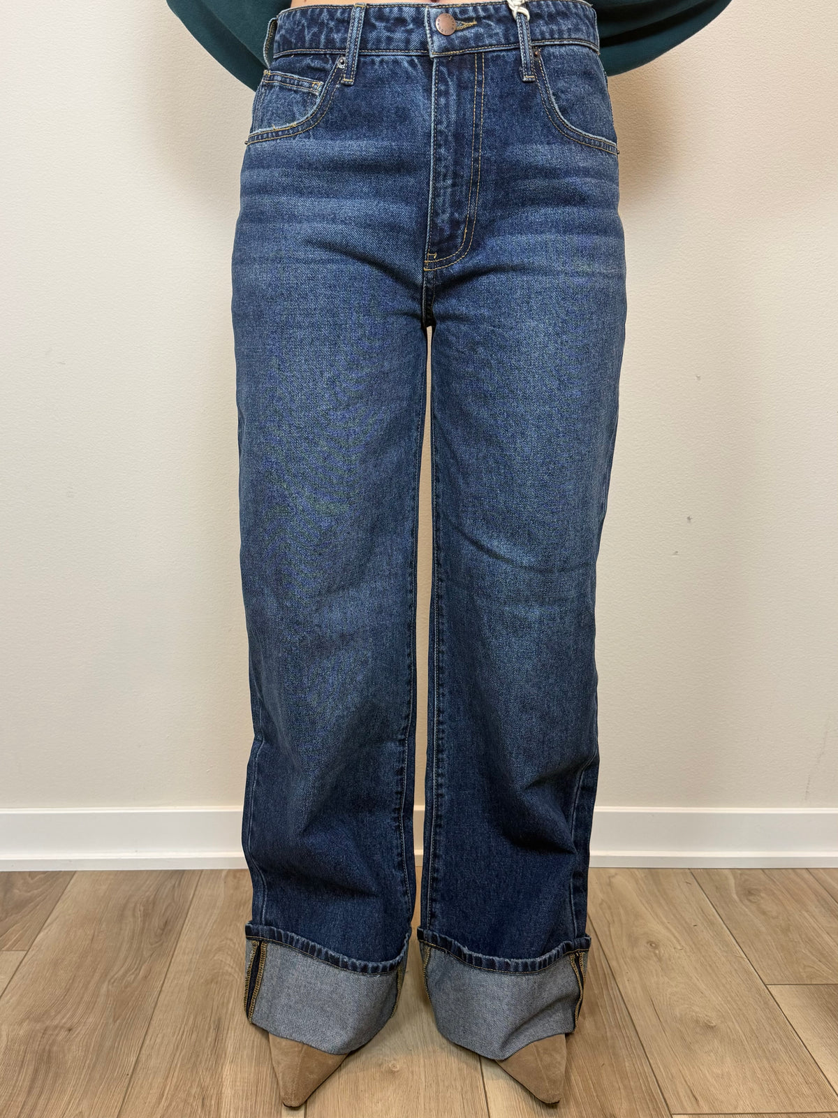 Parker Baggy Cuffed High Rise Wide Leg Jean- Dark Worn