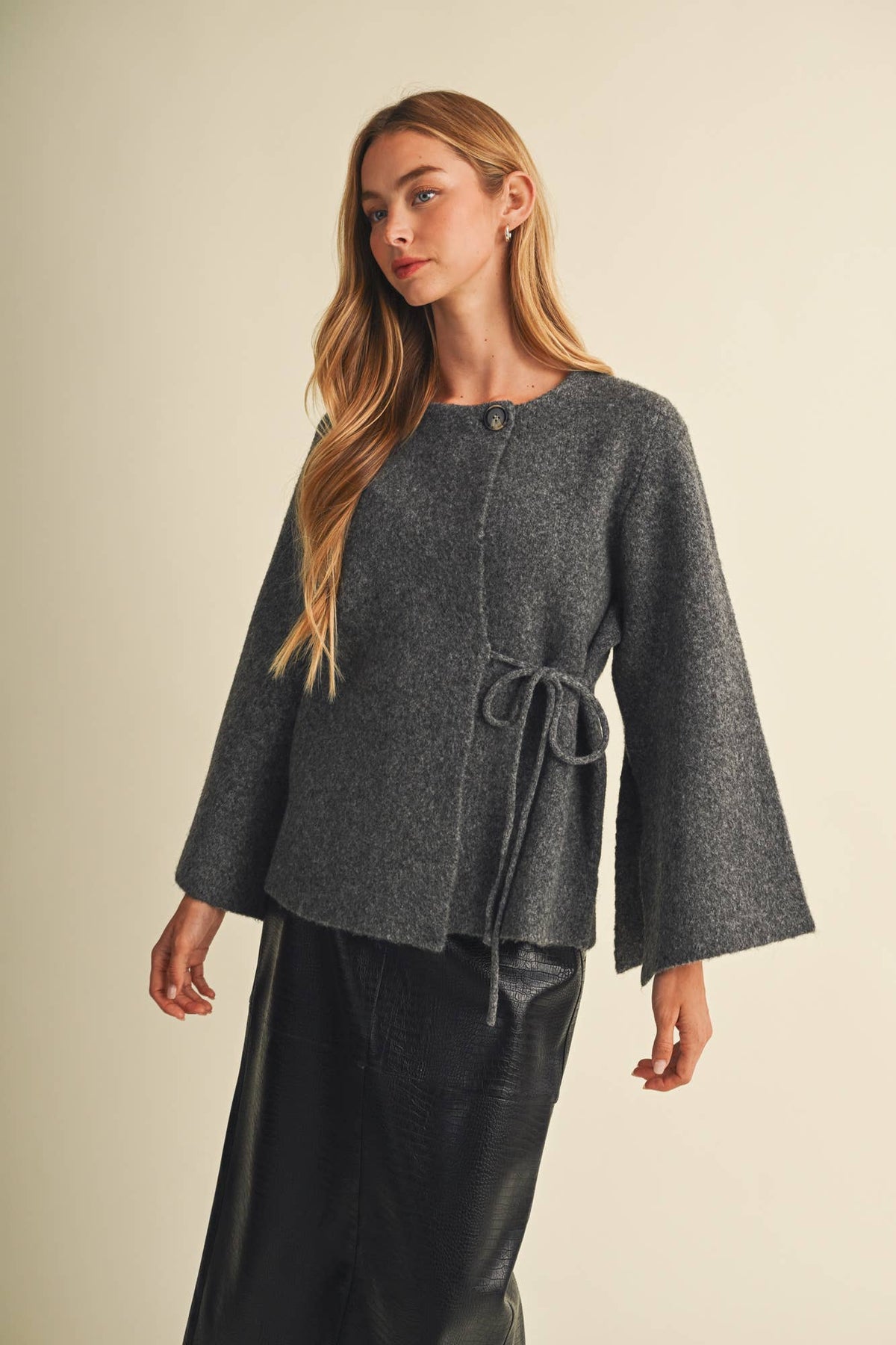 Kate Felted Knit Wide-Sleeve Wrap Blouse- Charcoal
