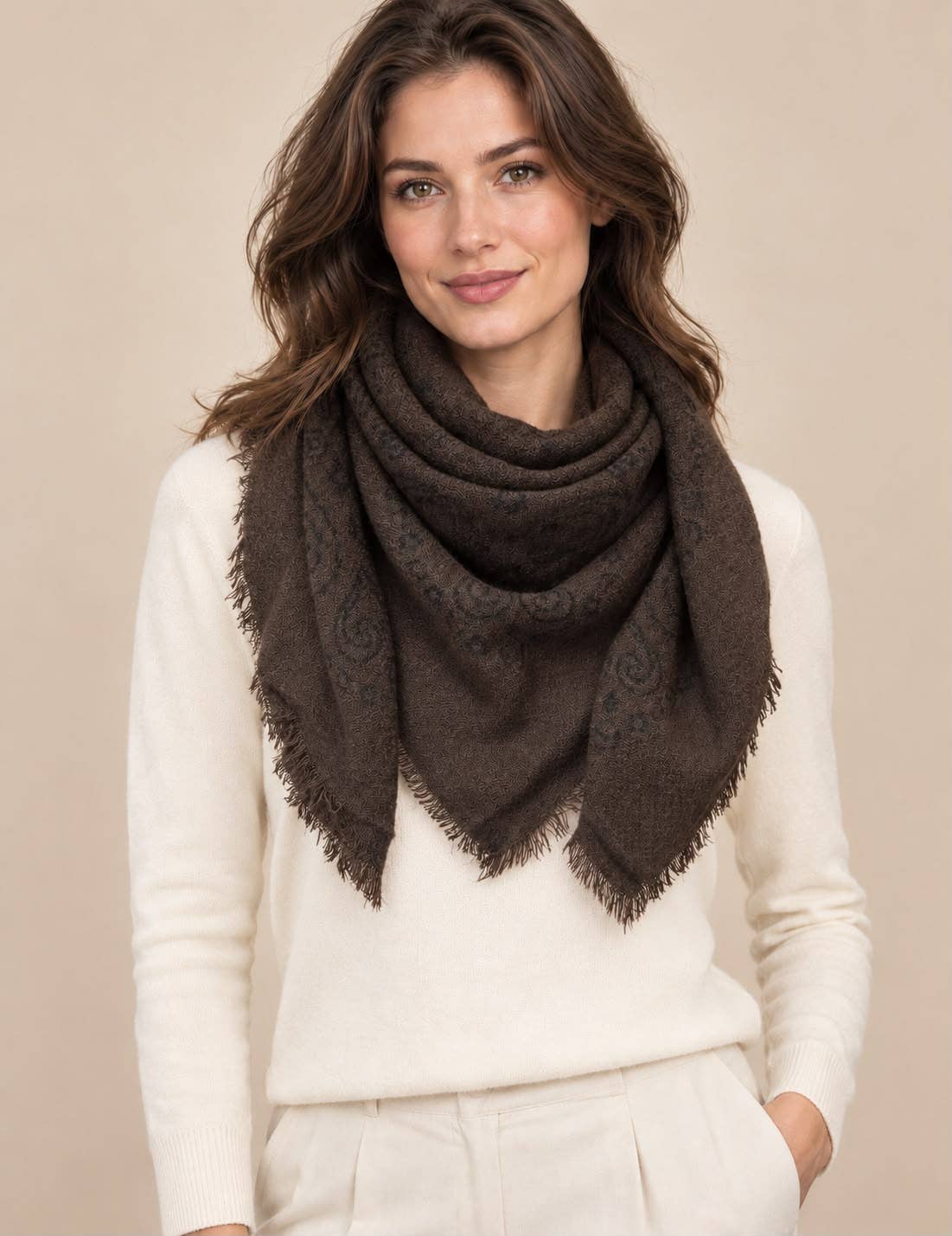 Square Wool Scarf with Paisley Pattern- Café