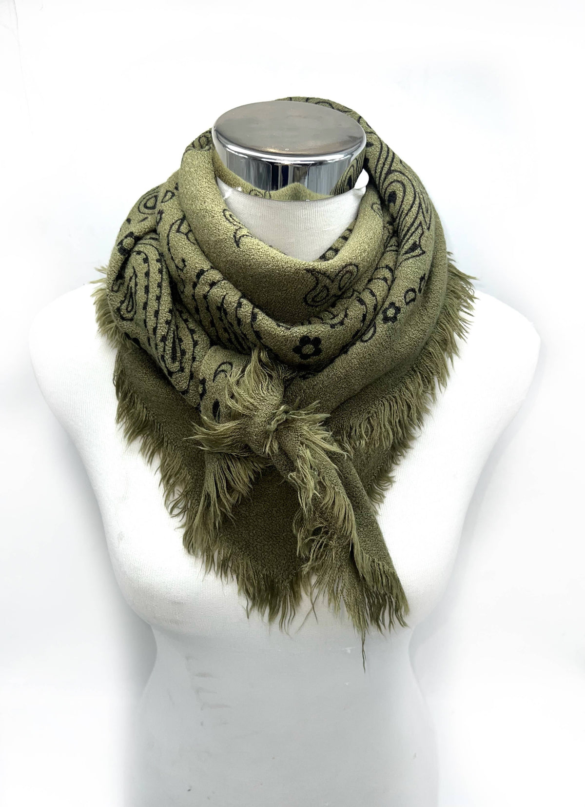 Square Wool Scarf with Paisley Pattern- Green
